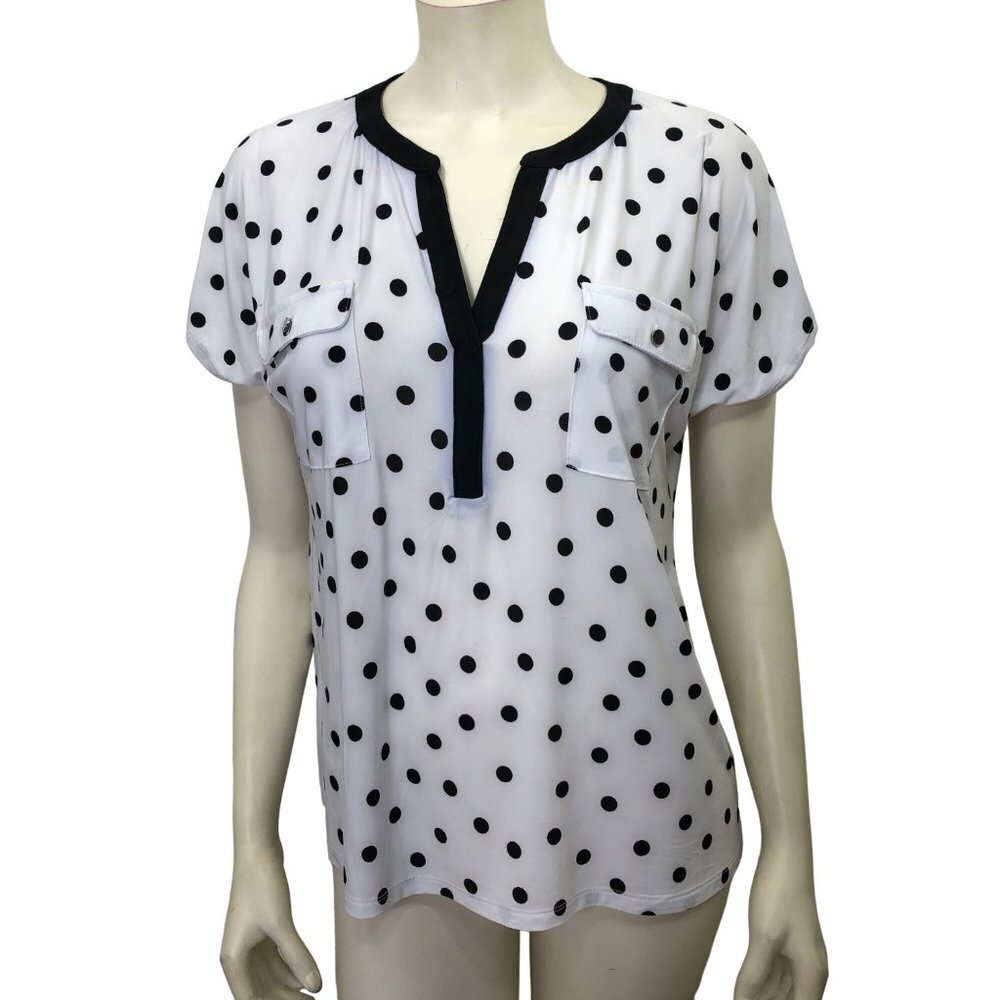 INC SPLIT NECK SHORT SLEEVE POLKA DOT BLOUSE PET L‎
